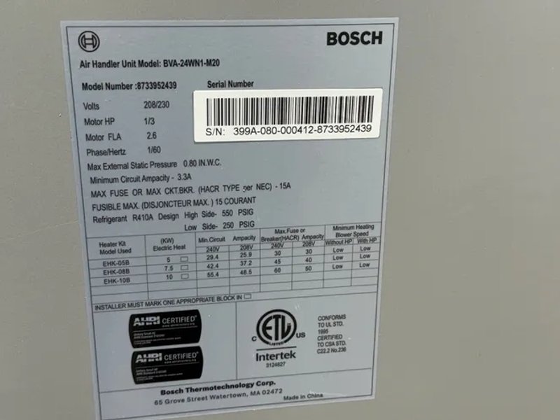 Bosch Air Handler Unit - Bva – 24wn1 – M20