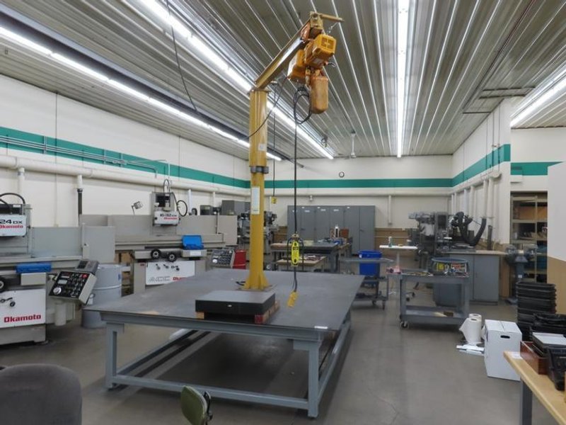 Overhead Hoist &amp; Crane Specialists Heavy Duty Steel Mold Table with Overhead Hoist System, Contrex Model B586 1/4 Ton Jib Cane w  2 Ton Electric Chain Hoist, I Beam, Trolley- Auction Item