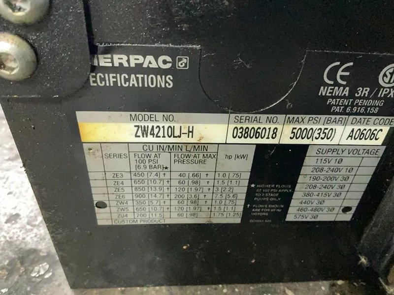 Enerpac  4.86 Gal  Hydraulic Pump  - Zw4210lj-h