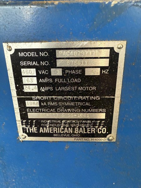 30" X 48" X 72" AMERICAN PAC40297T20 AUTO-TIE BALER SYSTEM. STOCK # 0671025