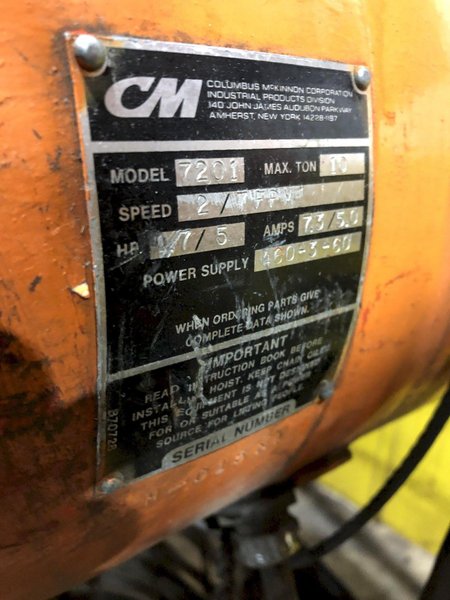 10 TON CM MODEL #POWERSTAR-7201 ELECTRIC CHAIN HOIST WITH POWER TROLLEY: STOCK #18370