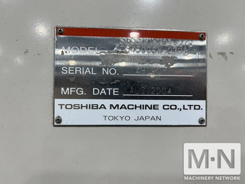 500 TON 63 OZ TOSHIBA MODEL ISGS500WV21-27B WIDE PLATEN INJECTION MOLDING MACHINE MFG 2004