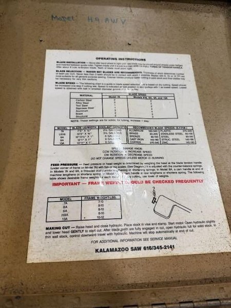 Kalamazoo Model H9 AWV Horizontal Band Saw