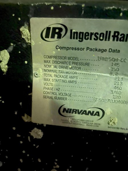 2004Ingersoll rand mode lRN150H-CC150 hp Screw type air compressor s/n NF50270U04088, 74,450hours air cooled