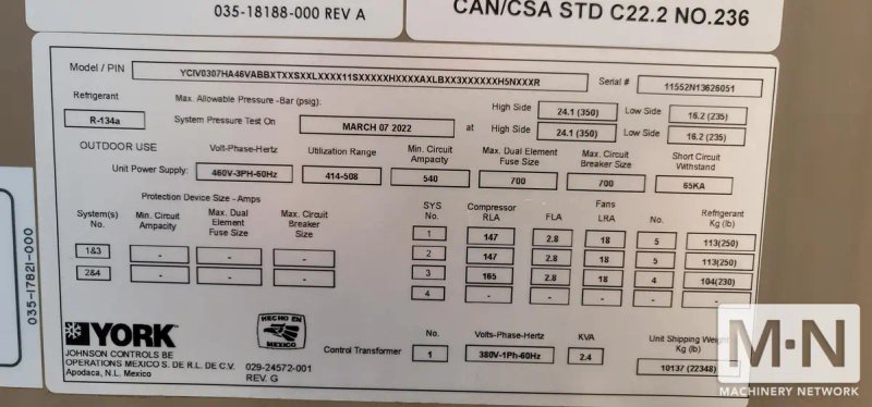 300 TON YORK MODEL YCIV307HA46VABBXTX CHILLER MFG 2022