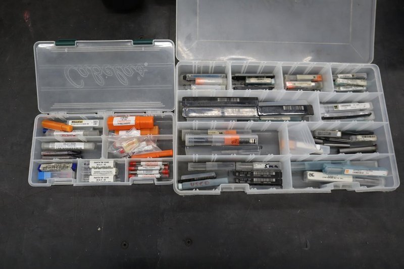 Perishable Cutting Tools, Some Carbide: Taps, Drill, Milling Cutters in 2 Divider Boxes- Auction Item