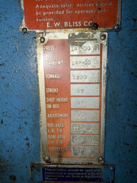 1500 TON BLISS #29 KNUCKLE JOINT PRESS WITH 15" STROKE. STOCK # 0328326