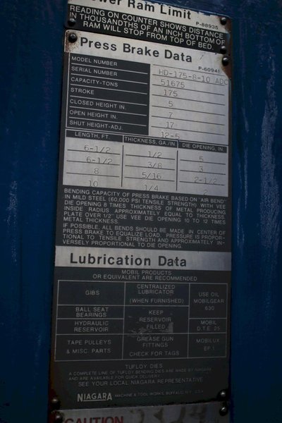 175 TON  X 10' NIAGARA MODEL #HD-175-8-10 HYDRAULIC PRESS BRAKE:  STOCK #75910