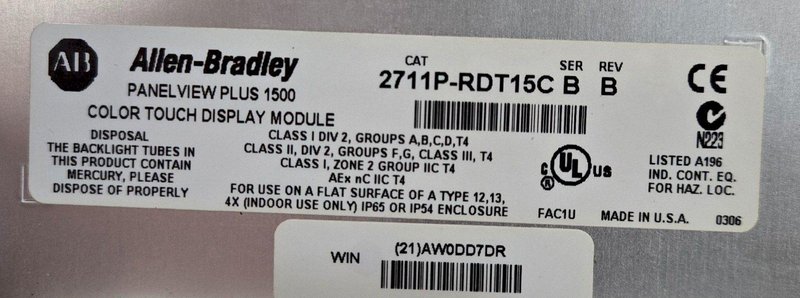 ALLEN BRADLEY 2711P-T15C4D2 SER A PANELVIEW PLUS 1500  USED