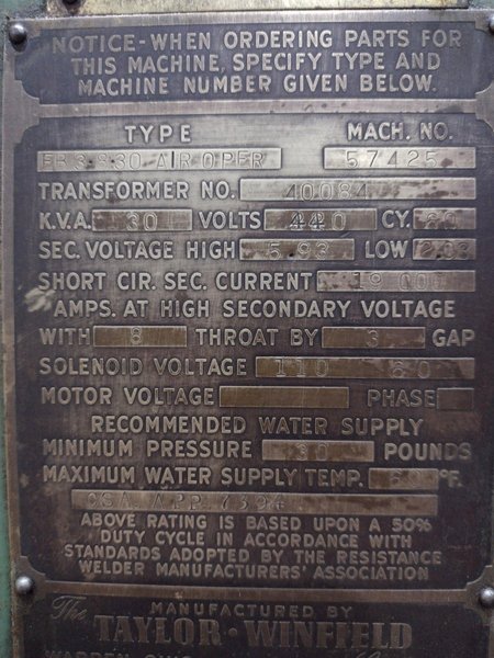 30 KVA X 8" TAYLOR WINFIELD AIR OPERATED SPOT WELDER: STOCK #20249