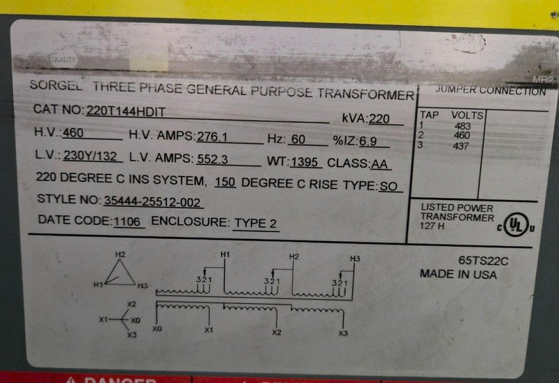 SQUARE D 220T144HDIT 460V 220KVA TRANSFORMER WITH DISCONNECT USED