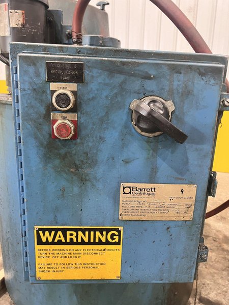 2 HP BARRETT MODEL #125 CLARIFUGE 3600 RPM CHIP SPINNGER WRINGER CENTRIFUGE: STOCK #23459