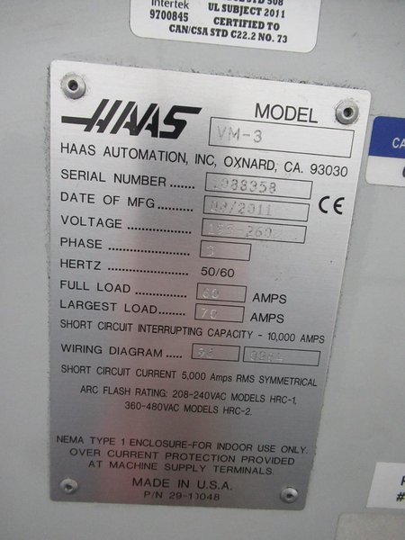 Haas VM-3 CNC Vertical Machining Center, Haas MainCon Ctrl, 4th &amp; 5th Axis Drive, 1000 PSI TSC, Probing, High Speed Machining, 24+1, RJH- Auction Item
