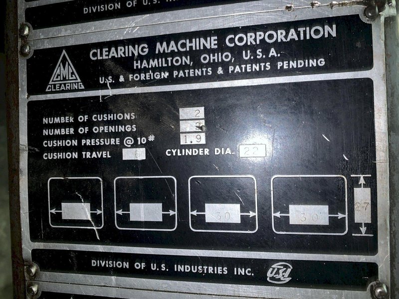 200 TON CLEARING MODEL S2-200-72-36 STRAIGHT SIDE SSDC STAMPING PRESS, 12" STROKE: STOCK #12979