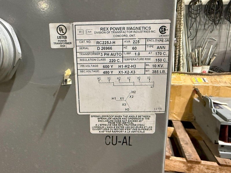 REX POWER MAGNETICS RC225J-H Transformer 600V – 480V, 225 KVA USED