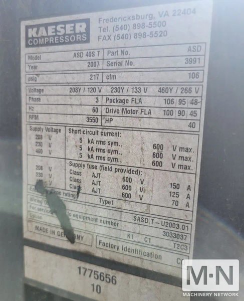 40 HP Kaeser ASD 40S T Rotary Screw Air Compressor