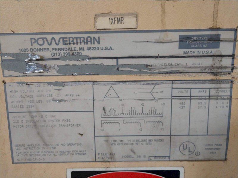 51 KVA POWERTRAN 460 TO 460Y/266 VOLT ELECTRIC TRANSFORMER: STOCK #10822