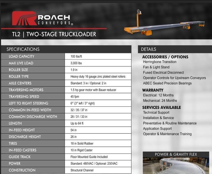 64 FT X 35" ROACH MODEL #TL2 TRUCKLOADER TWO-STAGE POWERED TELESCOPING ROLLER CONVEYOR: YOBRO #25707