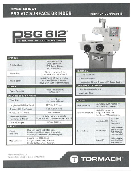TORMACH Model PSG_612 2-Axis Automatic Surface Grinder