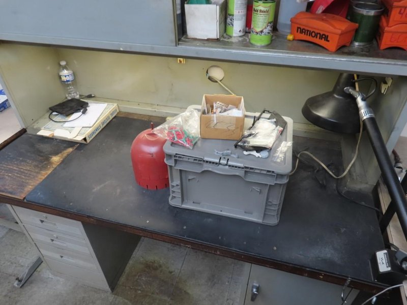 Metal Work Desk with Drawers w Sliding Door and Contents w Light- Auction Item
