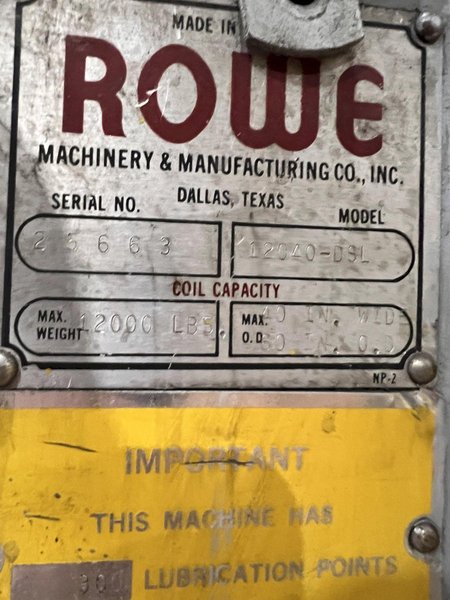 40" X 12,000 LBS X .110" ROWE COIL REEL, CAR, &amp; STRAIGHTENER FEED LINE: STOCK #21627