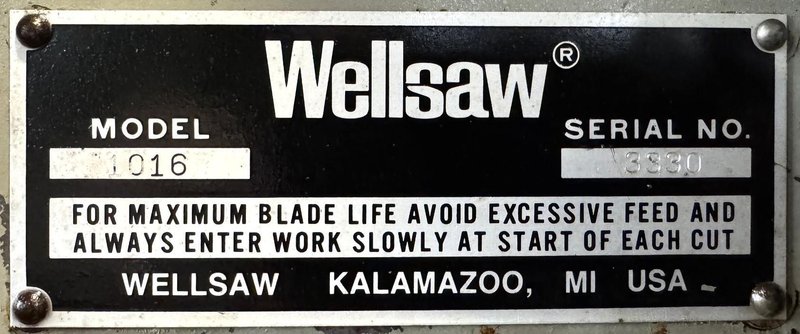 10" x 16" Wellsaw Horizontal Band Saw 1016, 1" Blade, Coolant, 1 Phase