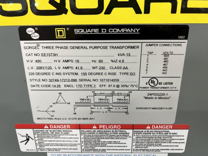 15 KVA SQUARE D  480 V  - 208Y/120 V GENERAL PURPOSE TRANSFORMER : STOCK #19164