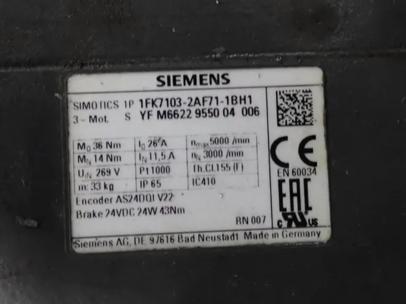 Siemens 5000 Rpm Servo Motor - 1fk7103-2af71-1bh1