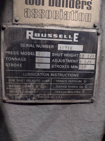 60 TON ROUSSELLE MODEL #6 OBI PUNCH PRESS, 3" STROKE: STOCK 20627