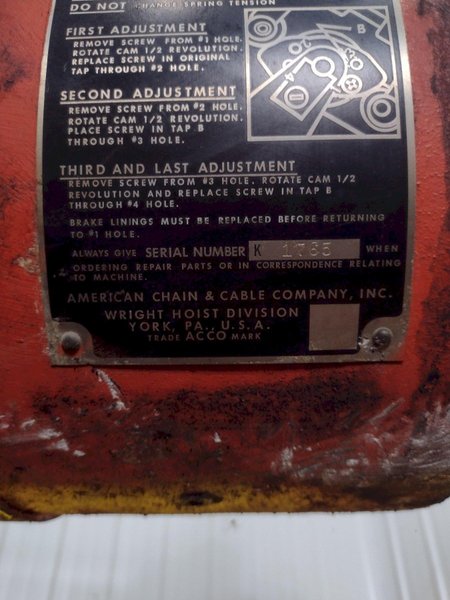 2000 LBS (1 TON) WRIGHT MODEL #W1 CABLE HOIST W/ POWERED TROLLEY: STOCK #18743