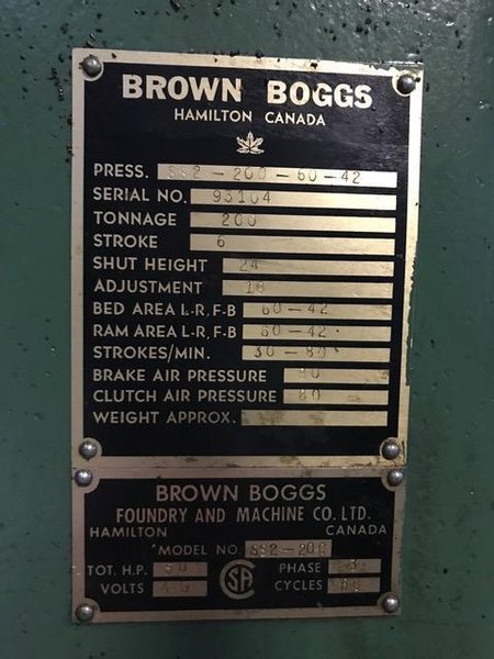 200 ton Brown Boggs SS2-200-60-42 Straight Side Press, New 1993