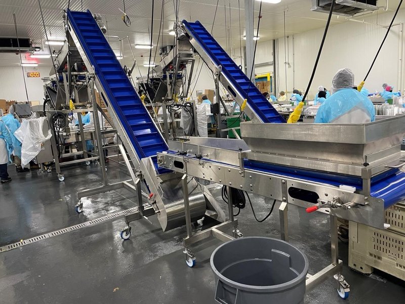Complete System for Produce Filling Including (2) Weighpack Primolinear C-10 Two-Lane Linear Net Weighers with (2) Incline Infeed Conveyors and Floor Stands
