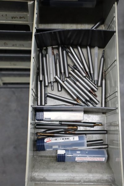 Multi-Drawer Cabinet (16) with Contents: Carbide End Mills, HSS Drills and More- Auction Item
