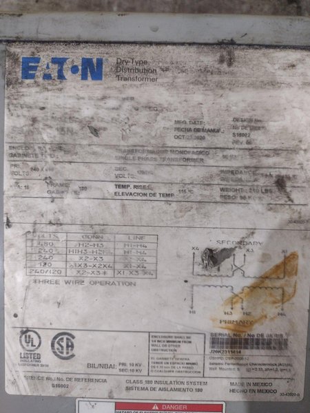 15 KVA EATON 240X480 SINGLE PHASE ELECTRICAL TRANSFORMER: YOBRO 24937