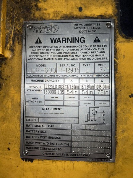 60,000 LBS RICO MODEL #HLR600 ELECTRIC FORKLIFT / DIE-CART / COIL-CARRIER: STOCK #16894