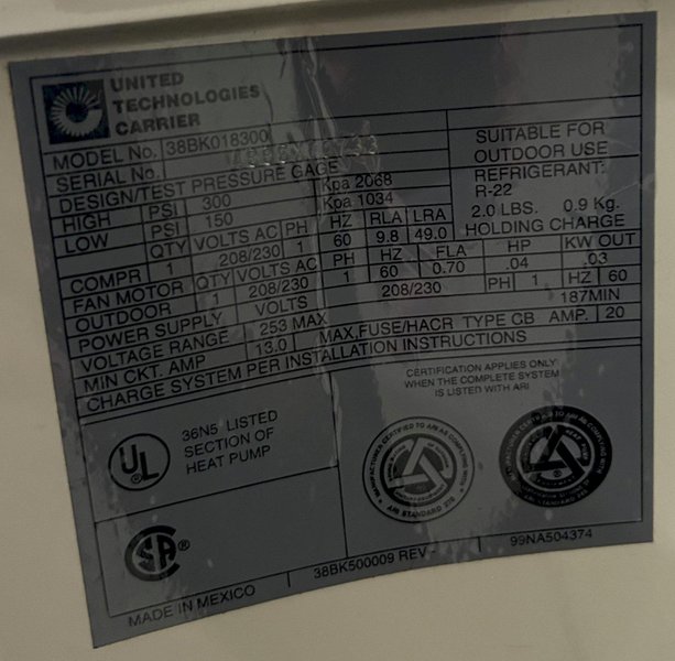 300 PSI United Technologies Carrier Model #38BK018300 Package Heat Pump: YOBRO #24461