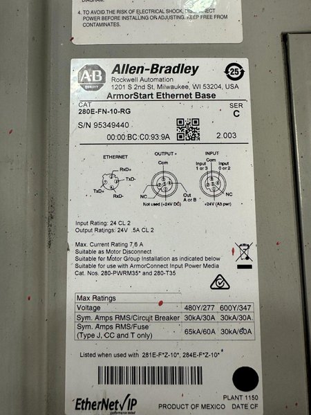 ALLEN BRADLEY 280E-FN-10-RG W/ 284E-FVD2P3Z-10-RRG-SBG-DB1-EMI USED ARMOR START