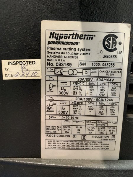 Hypertherm Powermax 1000 G3 Plasma Arc Cutting System w/T60 Torch