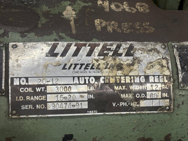 3,000 LBS X 12" LITTELL MODEL #20-12 DOUBLE END PULL OFF UNCOILER COIL REEL: STOCK #23705