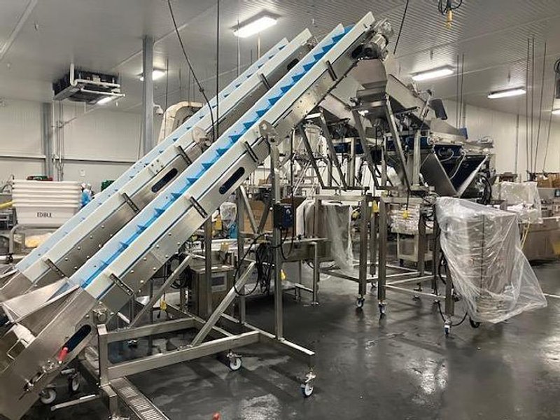 Complete System for Produce Filling Including (2) Weighpack Primolinear C-10 Two-Lane Linear Net Weighers with (2) Incline Infeed Conveyors and Floor Stands