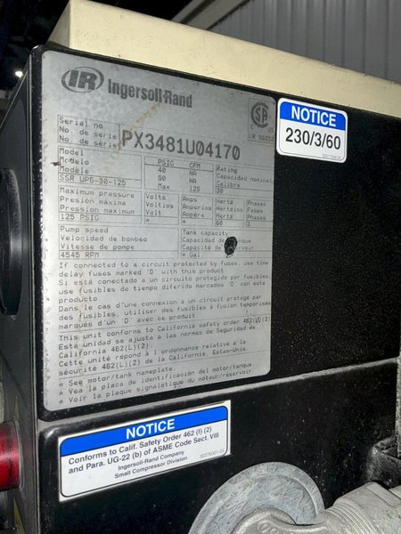 30 HP INGERSOL-RAND MODEL #UP6-30-125 ROTARY SCREW AIR COMPRESSOR: YOBRO #25818