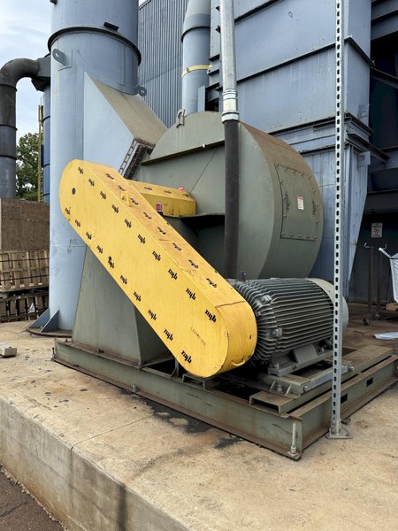 IVI model PA16x24x144 Top access pulse bag dust collector s/n 217354 with Worldwide 150 hp motor and 2008 New York blower model 49 ACF rated at 66,000 cfm, ACF/PLR class IV fan, screw conveyor discharge, controls, (note: being used at 44,000 cfm