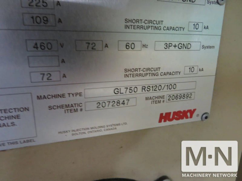825 TON 132 OZ  HUSKY MODEL GL750GENRS120/100 INJECTION MOLDING MACHINE  MFG 1999