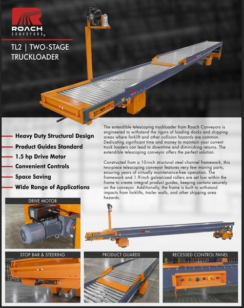 64 FT X 35" ROACH MODEL #TL2 TRUCKLOADER TWO-STAGE POWERED TELESCOPING ROLLER CONVEYOR: YOBRO #25710
