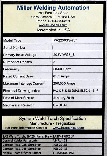 Miller Automation PerformArc™ PA2200SS Dual Robotic Welding Cell