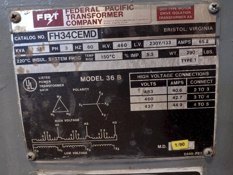 34KVA FEDERAL PACIFIC 460/230 MODEL 36B DRIVE ISOLATION ELECTRIC TRANSFORMER: STOCK 18571