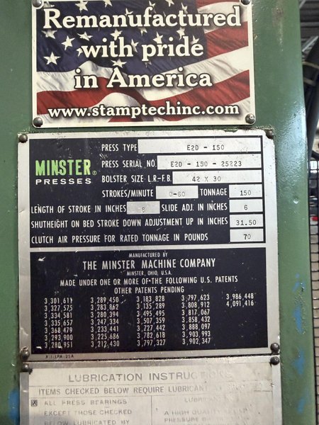 150 TON MINSTER E2-150-42-30 HEVI-STAMPER STRAIGHT SIDE PRESS. STOCK # 0882825
