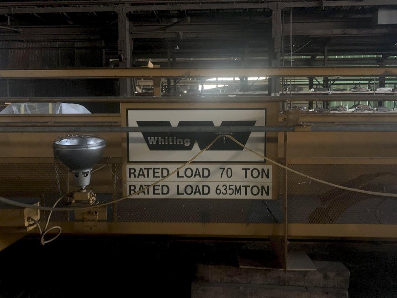 70 TON X 74'9" WHITING 8 WHEEL OVERHEAD BRIDGE CRANE WITH 35 TON AUXILIARY, NEW 2002: STOCK 13210