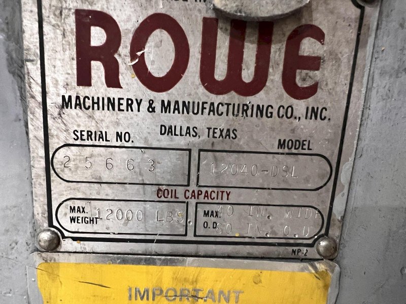 40" X 12,000 LBS X .110" ROWE COIL REEL, CAR, &amp; STRAIGHTENER FEED LINE: STOCK #21627