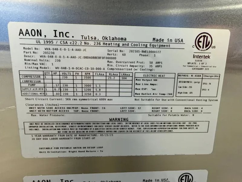 Aaon Dandelion Heat Pump - Wva-048-e-0-1-4-aa0-jc